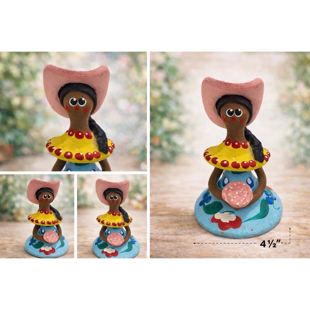 Handmade Mexican Folk Art Woman Figurine Pink Hat Yellow Collar Blue Dress